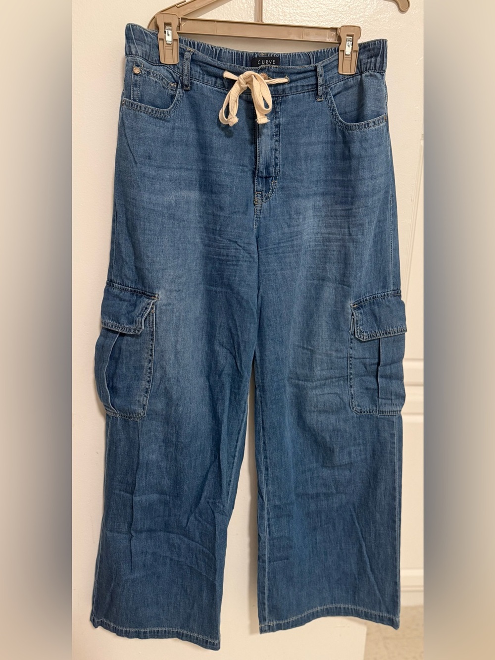 Denim Wide Leg Cargo Jeans with Drawstring - Blue